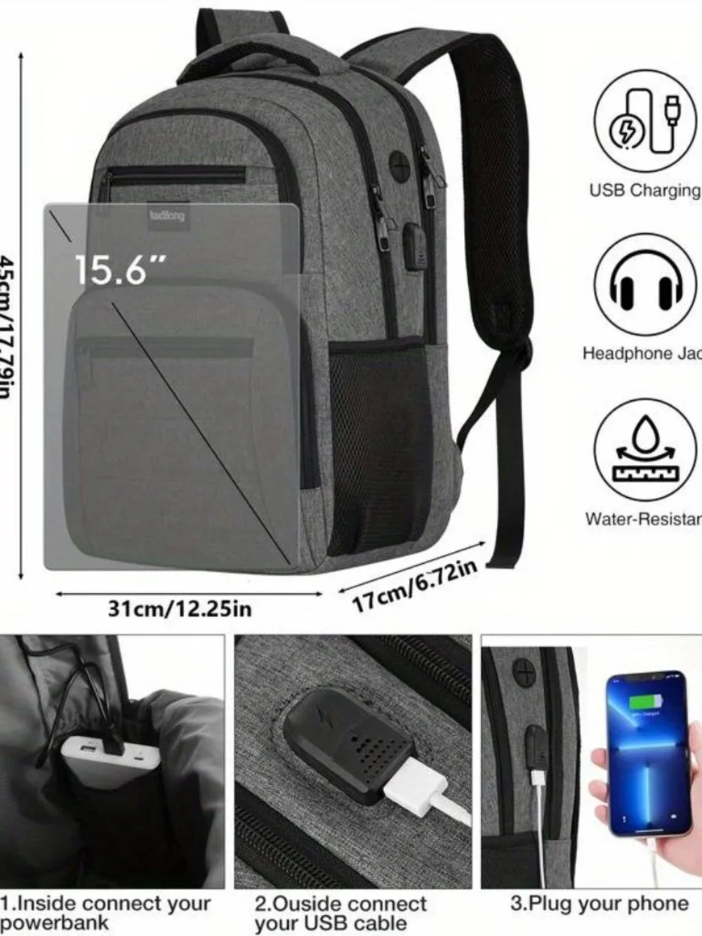 Grey Backpack with Adjustable Shoulder Straps, Zipper Closure, Multiple Pockets